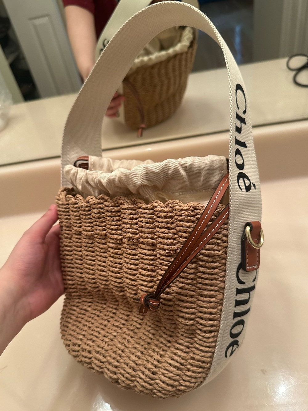 Chloe Beige Woven Bucket Bag with Logo Strap